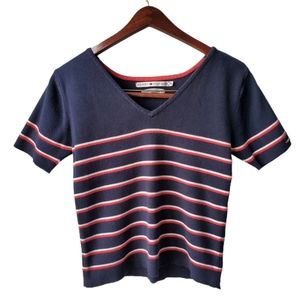 VINTAGE TOMMY HILFIGER Y2K Striped Nautical Short Sleeve V-Neck Top Sz Medium